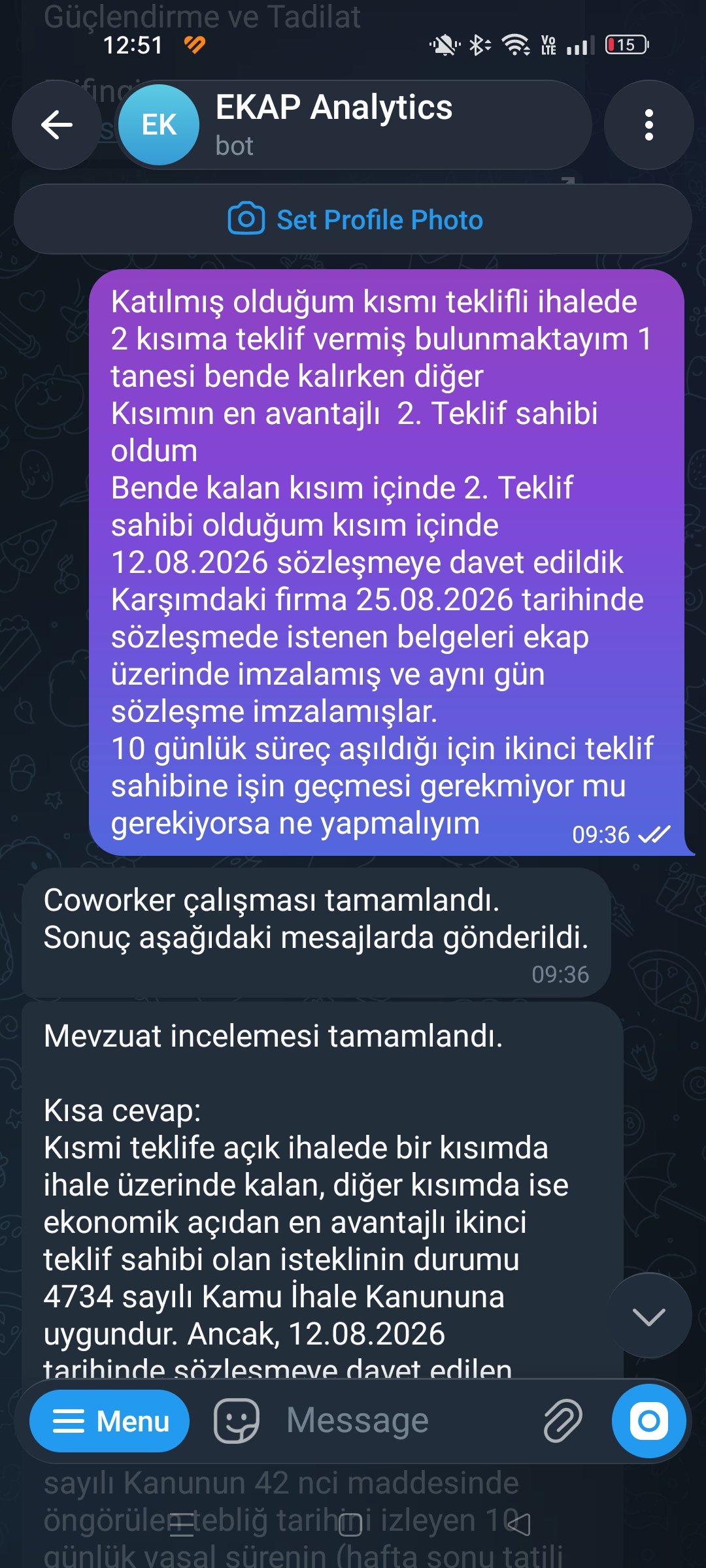EKAP Analytics Telegram botuna gönderilen mevzuat sorusu ve botun kısa cevap başlangıcı